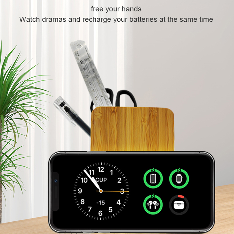 2024 super hot eco-friendly Bamboo phone holder pen container Wireless Charger LWS-1008